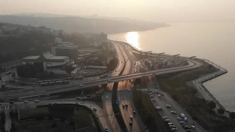 Drone Aerial View Of The Road Junction In A Big City In The Evening (Izmir) Stock Footage 194475181