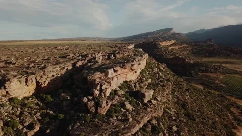 Drone aerial view of rock formations in De Pakhuys Cederberg at sunset Video stock 143354544