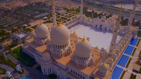 Drone aerial view of Sheikh Zayed Mosque rooftop Stock Footage 105676484