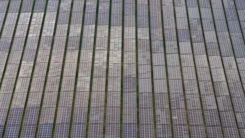 Drone aerial view of solar panel farm rows Stock Footage 337984649