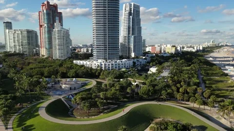 Drone aerial view of South Pointe, Miami Beach Stock Footage 308420533