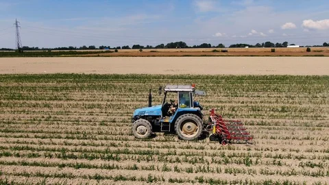 Drone aerial view of a soy field with a agricultural machine working Stock Footage 124254337