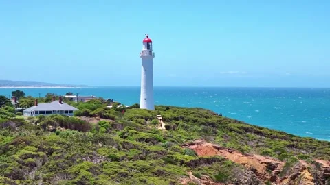 Drone aerial view of Split Point Lighthouse on Great Ocean Road, Australia Stock Footage 269619940