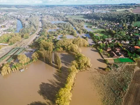 Drone Aerial View - Storm Babet - Mexborough Canal/ River Don, South Yorkshire Stock Photos