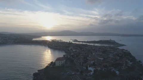Drone aerial view of sunset on the Sozopol Old town-not editing 4k 動画素材 100128361