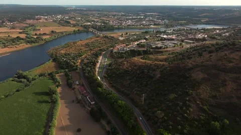 Drone Aerial View of Tagus River and Valley beneath Abrantes Hill, Portugal Stock Footage 317331953