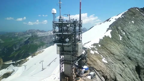 Drone aerial view of Titlis summit, tower with antennas, Uri Alps in Switzerland Stock Footage 255692540