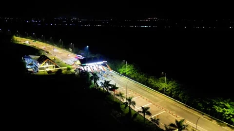 Drone Aerial View of Toll Exit with Vehicle Traffic Stock Footage 317325375
