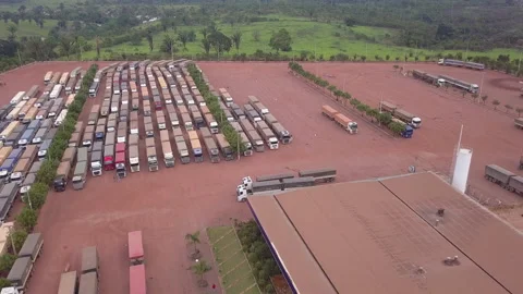 Drone aerial view of trucks transporting soybeans in BR 163 road in Amazon Stock Footage 132291471