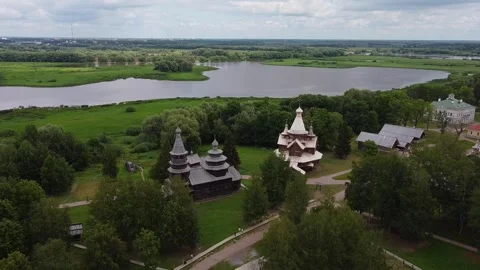 Drone aerial view of two old wooden Orthodox churches Stock Footage 247514257