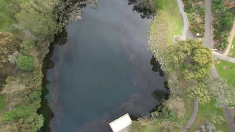 Drone aerial view vertical slowly descending towards the lake 動画素材 208936281