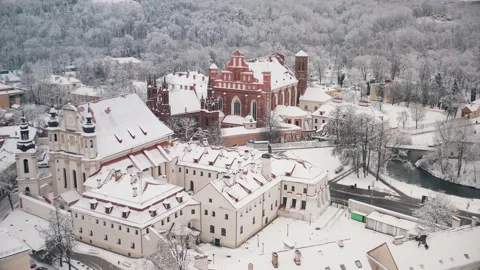 Drone aerial view of Vilnius old town. St. Anne and Bernardines Churches Stock Footage 238454375