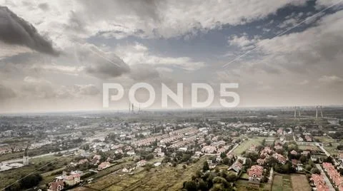Drone aerial view vintage style photography with industrial Warsaw city suburbs Stock Photos