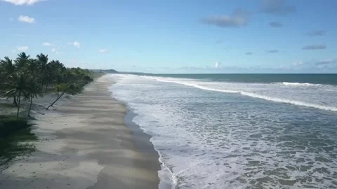 Drone aerial view of waves break on white sand beach. Northeast Brazilian beach. Stock Footage 132733468