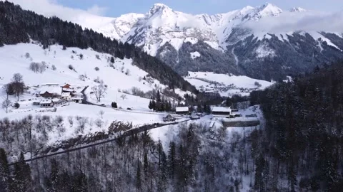 Drone aerial view in winter during the holidays season in Alpes France Stock Footage 194568424