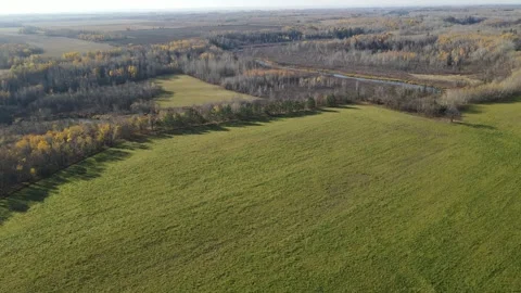 Drone airborne view looking down at farmland and a winding river surrounded by Stock Footage 319801400