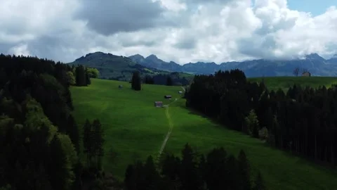 Drone Alpine Panorama Green Meadows Mountains Appenzell Switzerland 4K 動画素材 241258631