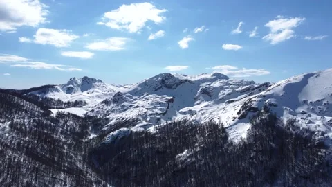 Drone of an amazing panoramic view of a mountain range covered with snow Stock Footage 171557217