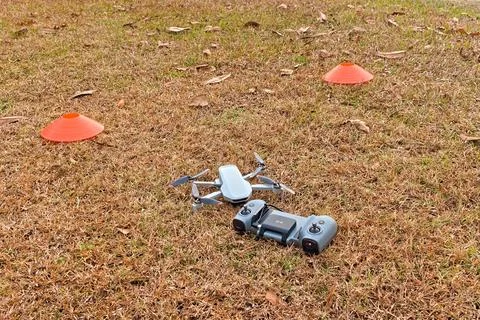 Drone and Controller on Ground with Cones Stock Photos