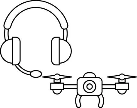 A drone and a headset are shown in a black and white drawing Illustrazione stock