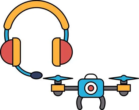 A drone and a headset are shown in a black and white drawing Illustrazione stock