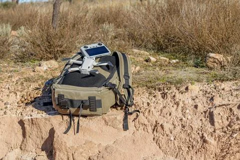 Drone and remote controller on backpack in la rioja vineyard Stock Photos