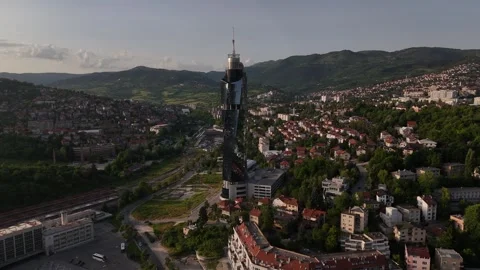 Drone Approach of Avaz Twist Tower and Sarajevo Skyline, 4K Stock-Footage 337181499