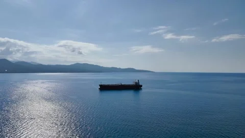 Drone Approach to Cargo Ship Near Kalamata Greece Stock Footage 336793637
