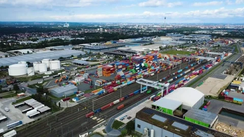 Drone Approach to Container Freight Rail Terminal at Bayernhafen Nuremberg Stock Footage 346645601