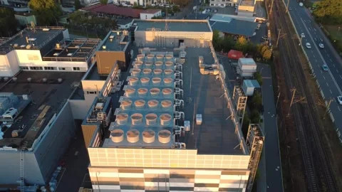 Drone Approach to Data Center Cooling Fans in Frankfurt, Germany Video stock 346704328