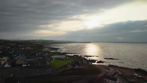 Drone Approach to Historic Banff Harbour at Sunset Stock Footage 333202684