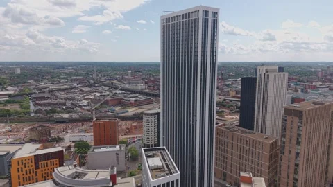 Drone approach to iconic skyscraper dominating Birmingham skyline Stock-Footage 334692305