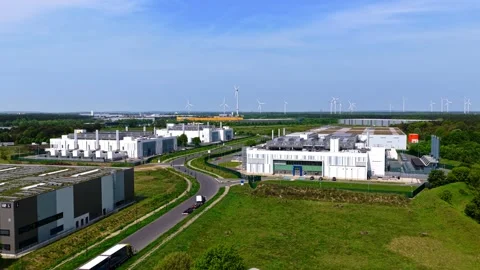 Drone Approach to Modern Data Center with Wind Turbines Germany Vidéo 336102459