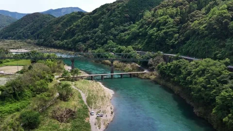 Drone Approach Over Shimanto River Submersible Bridges Video stock 342255307