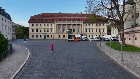 Drone approach toward equestrian statue before palace facade Stock Footage 341298006