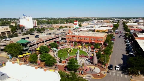Drone Approach Toward Main Street Square Rapid City Stockbeeldmateriaal 345115459