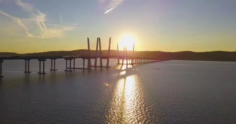 Drone approaches bridge at sunset 2 스톡 동영상 296429867