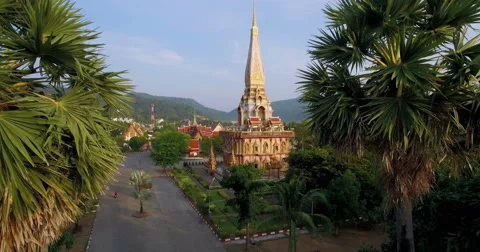 Drone Approaching Buddhist Temple Flying Between Palm Trees Video stock 63112150