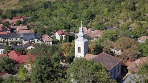 Drone Approaching a Church Tower in Săvădisla, Romania 스톡 동영상 346656302