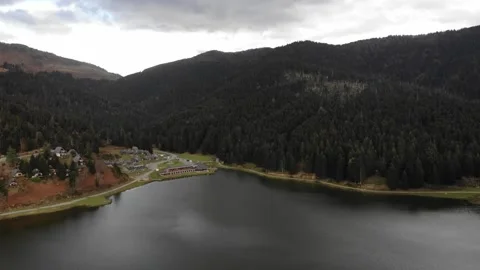 Drone approaching distant pine-covered mountains and lake in France Video stock 331709667
