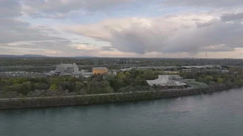 Drone approaching to ile notre dame where f1 is run here in montreal quebec Stock Footage 342117918
