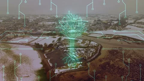 Drone approaching initiating cyan circuitry overlay over peninsula, visualizing Stock Footage 333485371