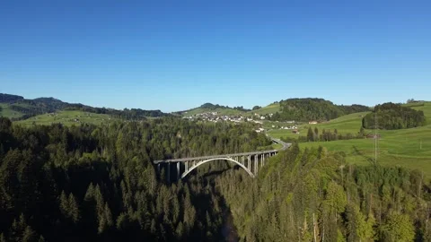 Drone approaching large bridge over forest valley with cars crossing Stock-Footage 333948737