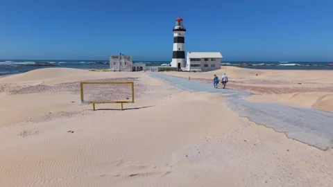 Drone Approaching Lighthouse Along Road with Ocean, Waves, and a Flying Bird Stock Footage 306303039