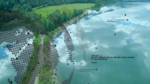 Drone approaching shoreline, dotted globe overlay rotating, data nodes fading, Stock Footage 330191336