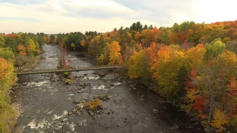Drone approaching small nature park bridge crossing the river in fall Stock Footage 119189630