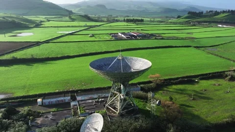 Drone arc view of abandoned Marconi satellite station for space research, Azores Stock Footage 297988812