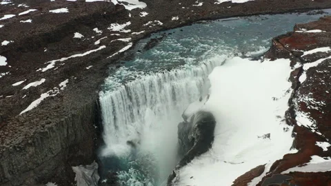 Drone Arcing Over Dettifoss Waterfall Video stock 213640147