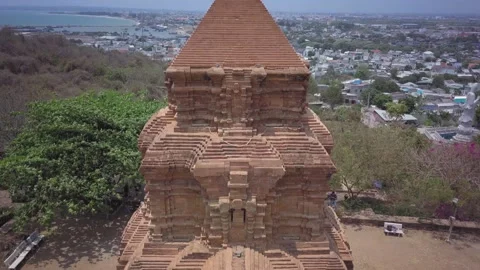 Drone ascending above poshanu cham tower in vietnam Stock Footage 329485458