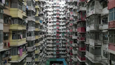Drone Ascending Inside the Famous Monster Building Courtyard in Quarry Bay, Hong Stock Footage 335845516